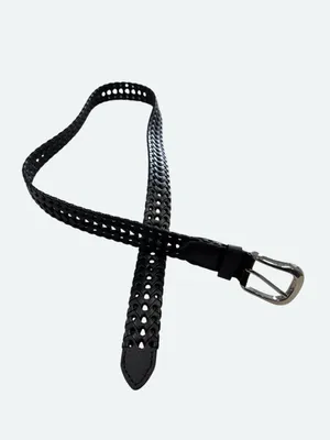 Vintage Black Genuine Leather Woven Braided Belt Silver Buckle Small Unisex thumbnail 2