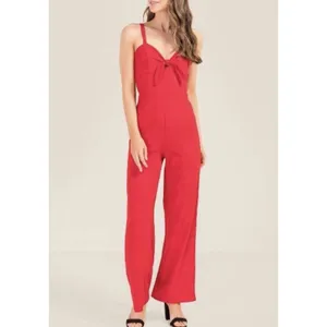 Gianni Bini Red Linen Knot Front Wide Leg Jumpsuit NWT Sz 8 Girl Retro Coquette thumbnail 2