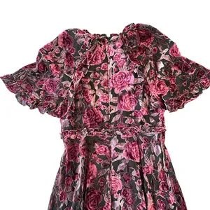 Salt Dark Rose Floral Burnout Velvet Midi‎ Dress Puff Sleeve Pink Purple Ruffle thumbnail 8