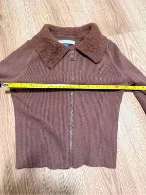 American Eagle Womens Brown Ribbed Zip Up Sweater Fuzzy Collar Cardigan XS thumbnail 3