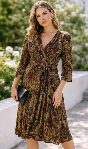 connected apparel Paisley Wrap Midi Dress in Olive and Burgundy thumbnail 1