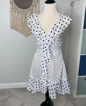 Elliatt Black White Polka Dot Dorothy Ruffled Tiered Flounce Mini Dress Small thumbnail 1