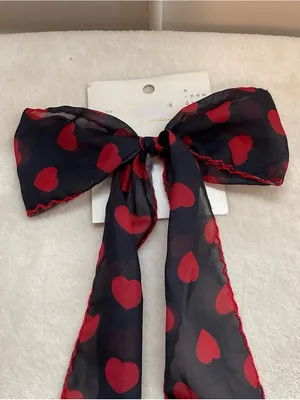 a new day Black Sheer Bow Scarf with Red Heart Print thumbnail 2
