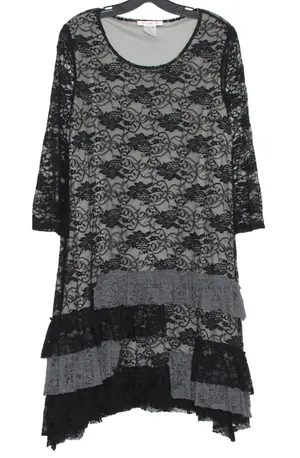 Dress Floral Lace Whimsigoth Witchy Bell Sleeve Ruffle Tiered Black Gray Medium‎ thumbnail 1