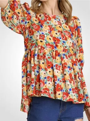 Umgee Floral Puff Sleeve Peplum Top in Red, Yellow, Green & Blue Large thumbnail 1