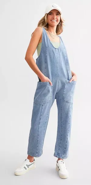 Free People High Roller Overall Denim Jumpsuit Light Blue Denim Women's XS thumbnail 1