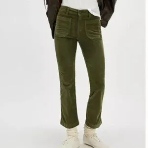 Free People High Time Velvet Kick Flare Pants Olive Army Green‎ size 8 thumbnail 2
