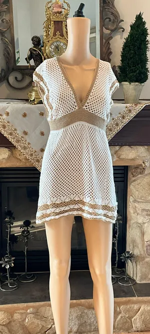 Beautiful White And Tan Beach Cover Up Dress L thumbnail 1