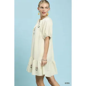 Umgee Embroidered Floral Babydoll Dress - ECRU - Medium thumbnail 2