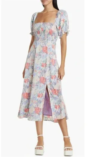 Astr Puff Sleeve Smocked Bust Midi Pastel Print Floral Dress Size Small thumbnail 1