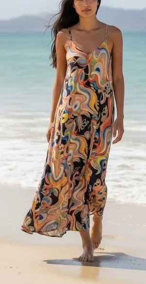 Nicole Miller New York‎ Abstract Swirl Print V-Neck Maxi Dress Multicolor M NWT thumbnail 1