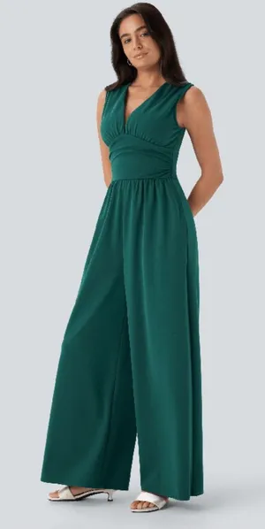 NWOT Halara V Neck Sleeveless Ruched Pocket Jumpsuit-Easy Peezy Bayberry thumbnail 1
