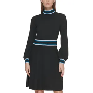 Vince Camuto Womens Knit Sweater Mock-Neck Fit & Flare Dress VC1M2437 Black S thumbnail 6