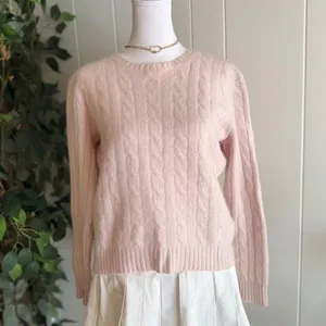 Baby Pink Cable Knit Cashmere Sweater Women's Crewneck Preppy Style thumbnail 2