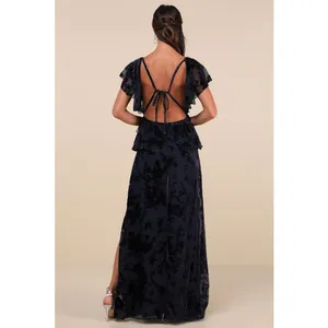 NWT Lulus Romantic Wonder Navy Burnout Velvet Ruffled Tie-Back Maxi Dress Size S thumbnail 5