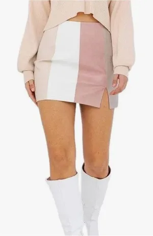 Altar'd State Pink Beige Color block Stripe Vegan Leather Mini Skirt Sz LARGE thumbnail 1