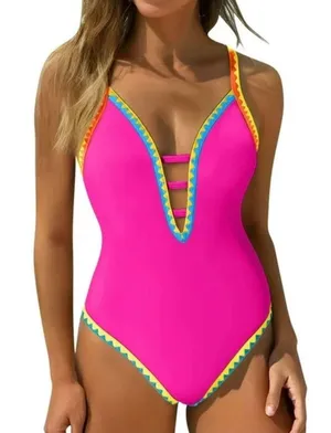 Popvil Women OnePiece Swimsuit Deep V Neck Neon Cute Bathing Suit Back Tie Swim Suits thumbnail 1