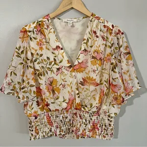 Haver + Blair Floral Smocked Blouse XL Gold Thread Boho Flutter Sleeve Top thumbnail 1