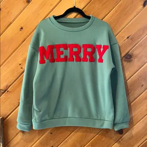 “Merry” holiday/christmas green & red crewneck pullover thumbnail 2
