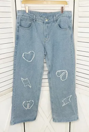 Q&J Jeans Patchwork Hearts Wide Leg High Rise‎ Jeans Large Boho Streetwear thumbnail 1