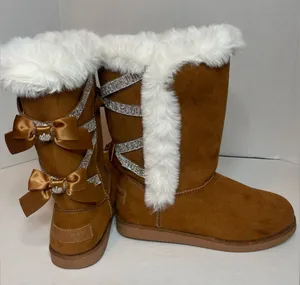 Juicy Couture Kaori Boots Faux Suede Fur Lined Tan/Chestnut Size 9. Ribbons Bows thumbnail 1