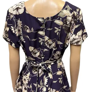 Vintage All That Jazz Plum Cream Floral Print Short Sleeve Zip Tie Back Dress M thumbnail 9