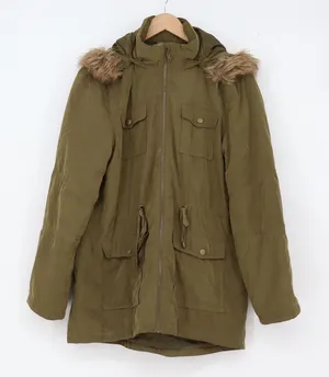 Shinestar Parka Women L Olive Green Faux Fur Trim Hooded Jacket thumbnail 1
