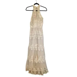 Champagne & Strawberry Tiered Maxi Dress With Crochet Trim & Floral Appliqué thumbnail 5