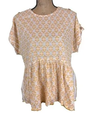 Pilcro and the Letterpress by Anthropologie White Yellow Embroidered Babydoll Top Bohemian Medium thumbnail 1