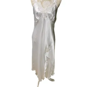 Vtg White Satin Lace Maxi Slip Dress L Bridal Nightgown Beaded Deadstock NWT thumbnail 3