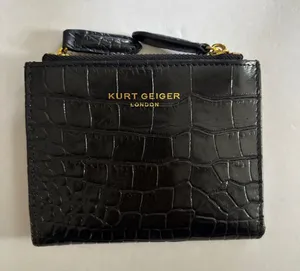 Kurt Geiger Black Embossed Leather Wallet Snap Closure 2 Gold Toned Zip Pockets thumbnail 1