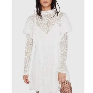 Free People Dress Womens Medium Ivory white‎ rock candy Lace Mock Neck Mini thumbnail 3