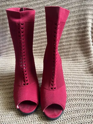 Hot Kiss Wine Red Knit Peep-Toe Sock Boots thumbnail 2