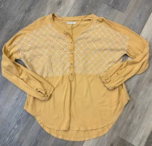 We The Free Womens Large Mustard Embroidered Henley Boho Long Sleeve Top thumbnail 1