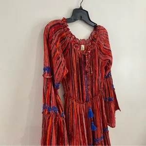 Raga Red Burnt Orange Metallic Thread Boho Tiered Dress Festival Size XS‎ thumbnail 5