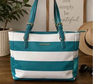 Secosana Teal Stripe Tote Bag | Large Shoulder Purse Travel Beach Work thumbnail 1