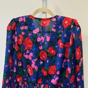 WAYF Floral Wrap V-Neck Smocked Peplum Blouse Long Sleeve Blue Red Small thumbnail 5