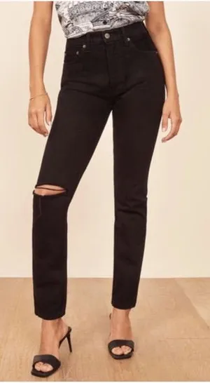 Reformation Julia High Rise Cigarette‎ Jean Black Ripped Knee Size 24 90s Sporty thumbnail 1