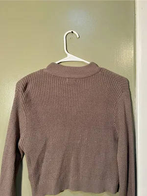 Garage Women’s Sz Large Mock Neck Sweater Cropped Light Brown Waffle Knit Cotton thumbnail 6