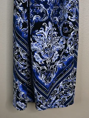 WHBM Women's XS Blue Black Blouson Patterned Keyhole Belted Mini Dress thumbnail 9