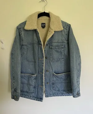 GAP Patch Pocket Sherpa Denim Jacket Chore Coat Barn Style Xs Petite Oversized thumbnail 1