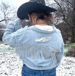 Boutique Rhinestone Cropped Denim Jacket Size XL thumbnail 1