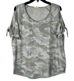 Jane & Delancey Camouflage Cold-Shoulder Cutouts Bow-Tie Short Sleeves. Knit Top thumbnail 1