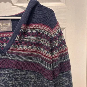 Natural Reflections Women XL Fair Isle Hooded Sweater Blue Burgundy Mixed Knit thumbnail 2