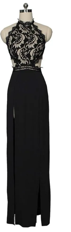 Sheer Black Lace Halter Neck Open Back High Slit Maxi Evening Gown Size Small thumbnail 1