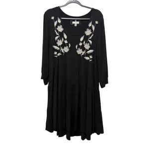 Cupio Womens Black Floral Embroidered Tiered Long Sleeve Mini Dress Large thumbnail 2