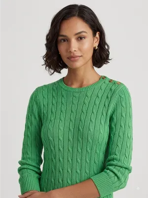 Lauren Ralph Lauren Green Cable Knit Sweater Gold Shoulder Buttons PXS thumbnail 1