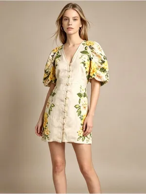 NWOT Farm Rio Linen Sand Garden Cascade Puff Sleeves Mini Dress Size M thumbnail 2