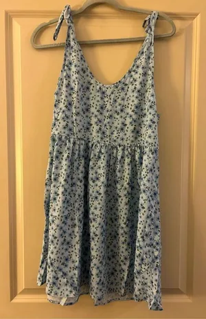 NEW Blue Floral Printed Shoulder Tie Strap Babydoll Dress L thumbnail 2