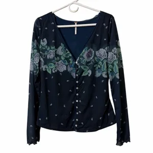 Free people Blue Floral Print Button Down Sheer/Mesh(Size Small) thumbnail 3